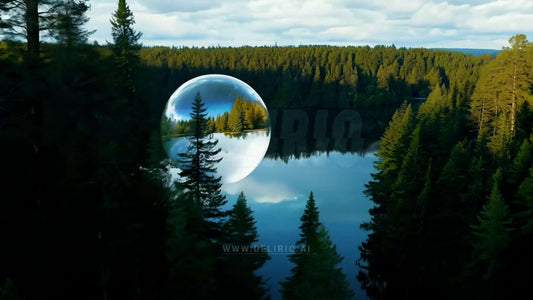 A reflective bubble hovering gracefully over a forest lake, captured from a viewpoint within the trees.