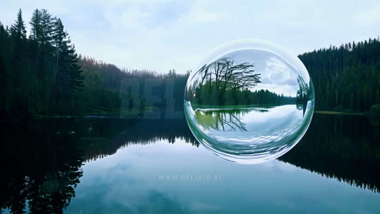 A large, mirror-like bubble floating over the still waters of a forest lake, reflecting the surrounding nature.