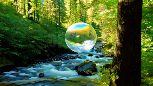 A reflective bubble glides above a fast-flowing mountain river, showcasing the wilderness.