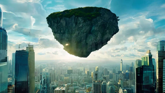 A huge floating rock island drifting above a futuristic city skyline filled with towering skyscrapers.