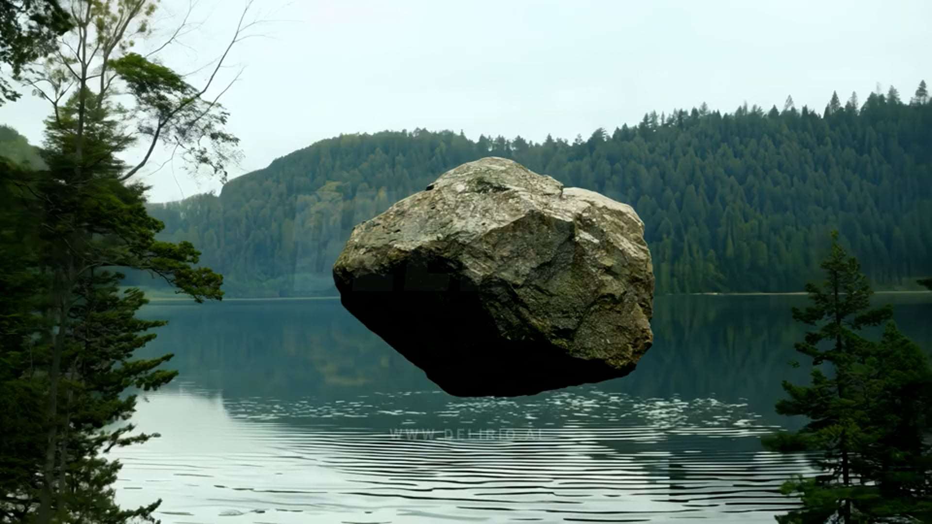 A giant rock levitating over a forest lake - AI Stock Video Footage