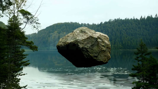 A massive rock hovers in the air over a peaceful forest lake, defying gravity.