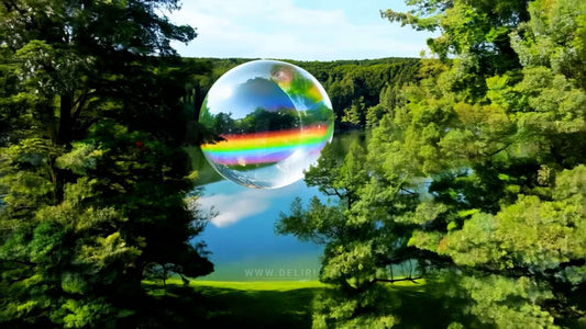 A vibrant soap bubble with rainbow hues floats above a calm forest lake, creating a magical atmosphere.