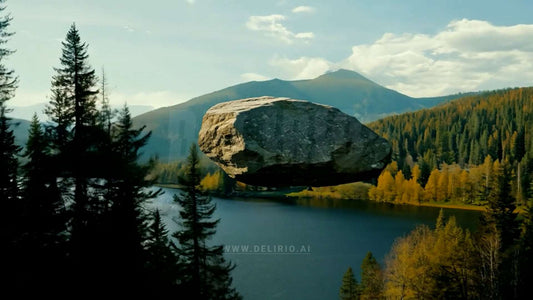 A large stone hovers over a forest lake, illuminated by soft sunlight, creating a serene, mystical scene.