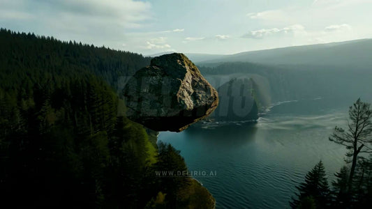 A massive stone floats peacefully above a quiet forest lake, suspended mid-air.