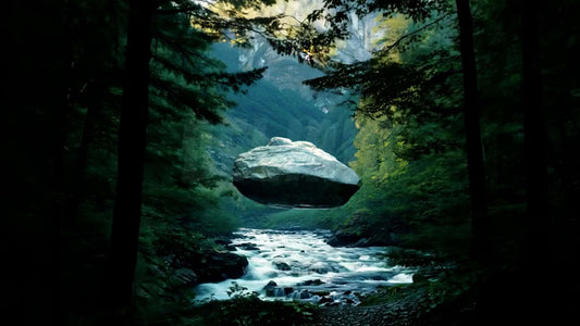 A large rock hovers over a forest river, defying gravity, creating a surreal visual.