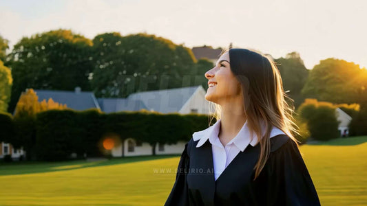 A graduation cap suddenly appears in the air and lands on a woman's head as she graduates.