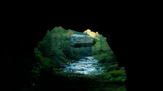 A mystical scene of a floating rock over a river, viewed from the entrance of a dark cave.