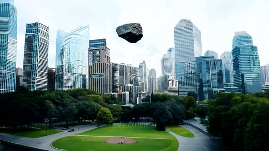 A massive rock descends slowly into a park lake in the middle of a city, creating ripples in slow motion.