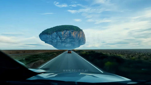 A driver�s perspective of a mysterious giant rock hovering on the distant horizon.