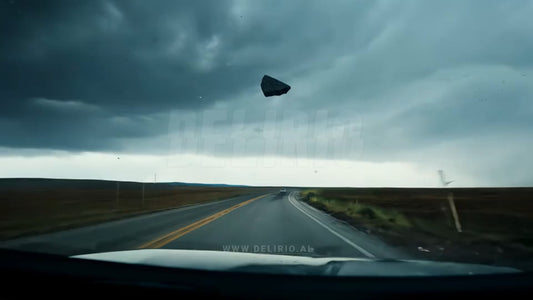 A driver's view of a massive rock descending from the sky, crashing and destroying the road ahead.