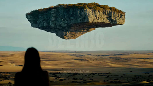 A cinematic shot of a floating rock island above a desert, with a blurred view of a woman watching from behind.