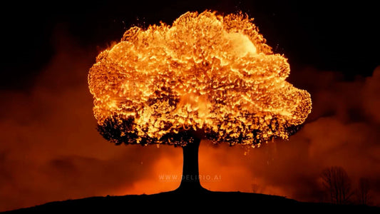 A dramatic scene where an explosion gradually turns into a fiery, glowing tree at night.