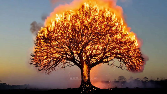 A visual transformation of an explosion into a tree engulfed in flames.