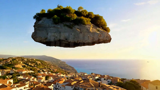 A floating island hovers majestically above the scenic Mediterranean coast of Greece.