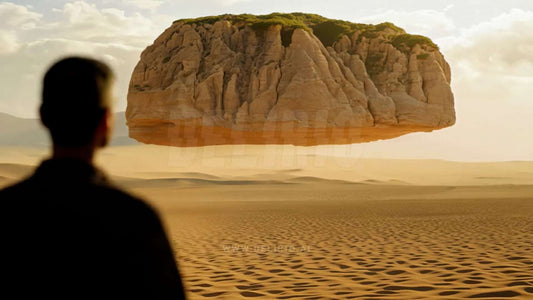 A desert sky with a floating island viewed from behind a man gazing up at the surreal scene.