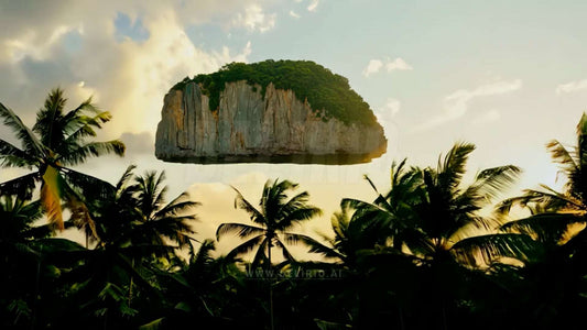 A mysterious floating island hovers over a tropical landscape filled with palm trees.