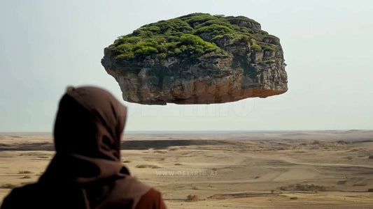 A hooded man looks at a giant rock island levitating in the desert sky.