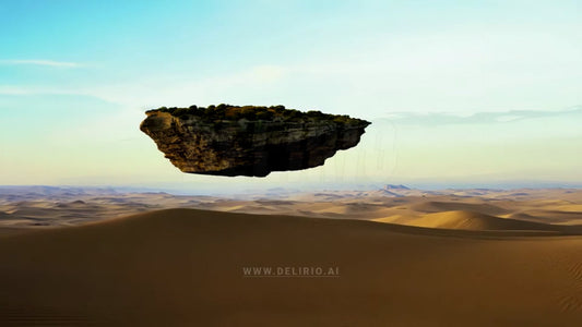 A massive island floats in the sky above a barren desert, creating a surreal and otherworldly image.