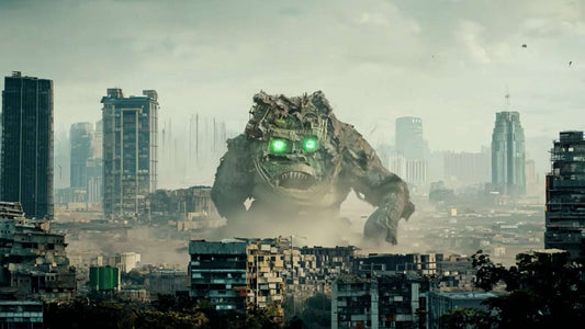 A colossal monster composed of garbage races through the ruins of a devastated city.