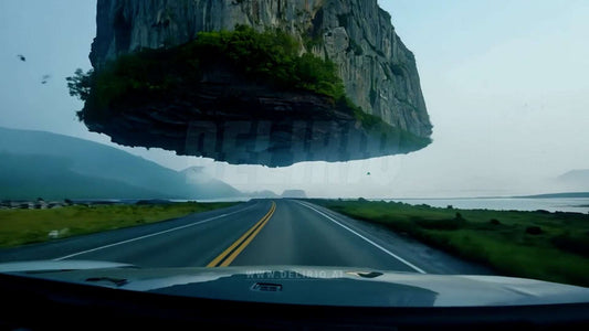 A driver�s perspective of a gigantic rock soaring through the sky above.