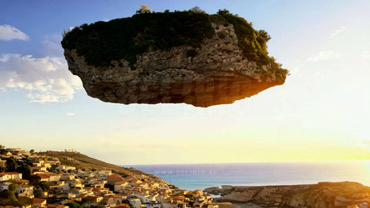 A floating rock island drifts above the sky of a quaint Mediterranean town, blending fantasy and reality.