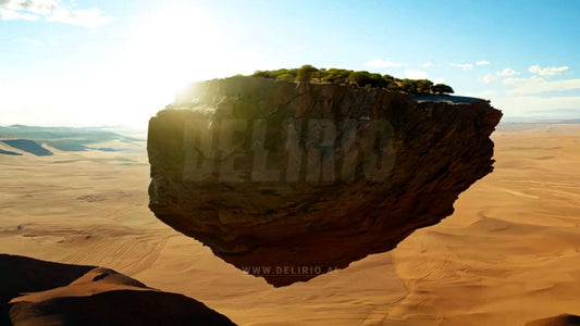 A massive rock island hovers above the vast and arid desert landscape, defying the laws of nature.