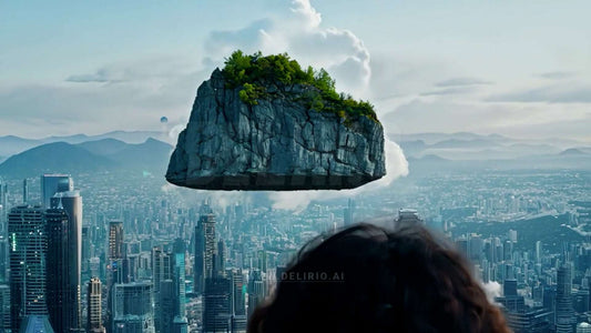 A woman gazes up at a flying island suspended over the city, seen from behind her shoulder.