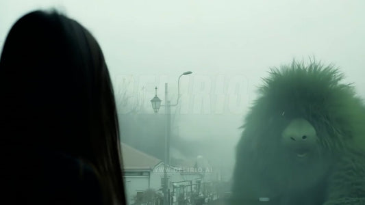 A woman watches a towering green monster covered in fur as it walks through a foggy landscape.