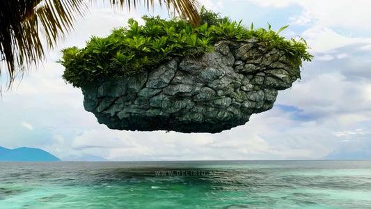 A large rock island levitates above a tropical beach with palm trees, blending nature with fantasy.