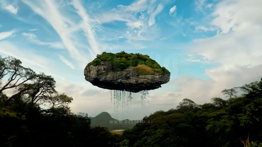 A floating rock island with roots suspended in the air above a dense jungle, creating a magical scene.