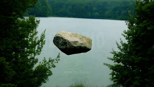 A giant rock hovers above a serene forest lake, defying gravity and creating a peaceful yet surreal image.