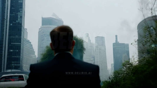 A man observes a terrifying green monster made of grass growing within a city, seen from behind his shoulder.