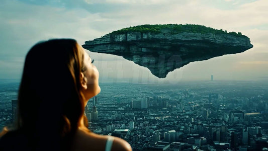 A woman gazes up at a massive flying rock island hovering above a city skyline.