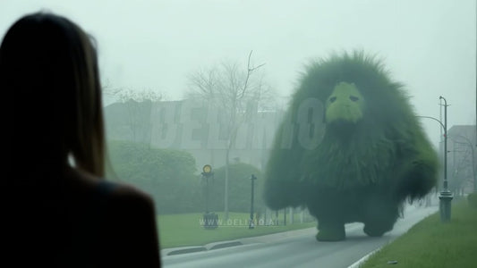 A green, furry giant monster walks through the mist as seen from over someone�s shoulder on a foggy day.