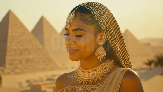 Woman from Ancient Egypt History blurred background of pyramids, palm trees and desert