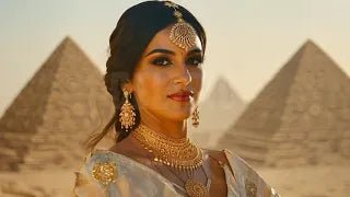 Woman from Ancient Egypt wearing gold jewelry against blurred background of pyramids and desert