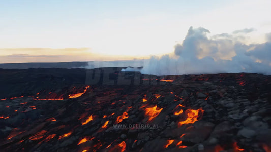 Volcano AI generated FPV drone footage flying over burning black stones lava and steam