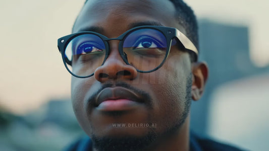 A black man using wearable augmented reality glasses, highlighting the intersection of fashion, technology, and AI.