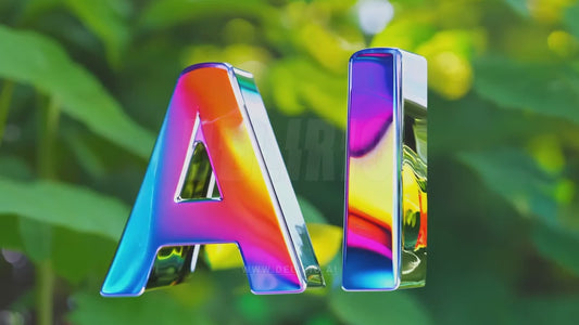 Animated AI letters with reflective texture floating in a green outdoor area, creating a dynamic tech feel.