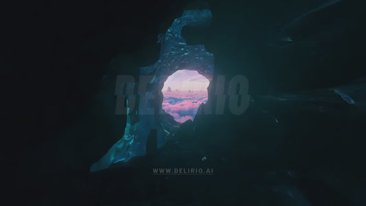 An FPV drone navigates through a dark cave and emerges into a whimsical cloudscape, filled with soft, dreamlike visuals.