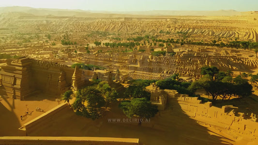 Aerial drone footage showcasing a historical reenactment of an ancient civilization set in a desert landscape reminiscent of Egypt or Mesopotamia, capturing the essence of historical life.