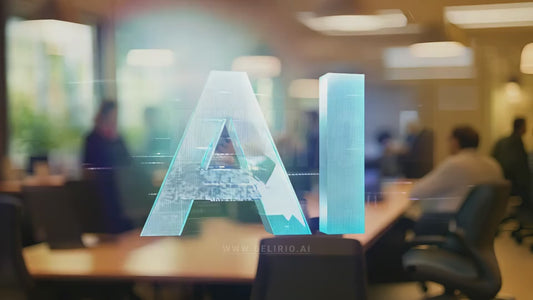 Futuristic AI letters with electronic particle textures, designed against a professional office background.