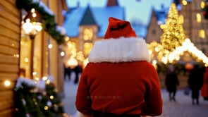 An AI-generated video of Santa's jolly face illuminated by the warm glow of Christmas lights, capturing holiday cheer.