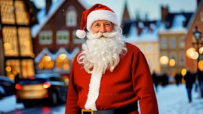 An AI-generated video of a festive and heartwarming portrait of Santa in a vibrant, Christmas-decorated city.