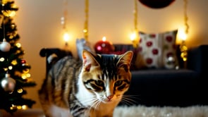 An AI-generated image of a curious cat exploring Christmas ornaments at home, surrounded by festive decorations and holiday cheer.