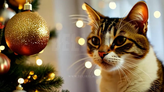 A cozy scene of a playful cat beneath the Christmas tree, joyfully interacting with the tree's ornaments in a warm holiday setting.