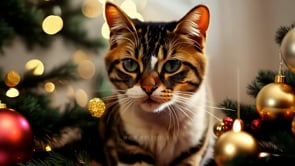 A peaceful image of a cat under the Christmas tree, gazing at the glowing holiday lights with a sense of wonder and admiration.