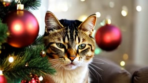 A heartwarming scene featuring a cat amidst Christmas decorations in a living room, capturing the essence of the holiday spirit.