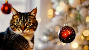 A beautiful portrait of a Christmas cat, surrounded by twinkling holiday lights, evoking the magic and warmth of the season.